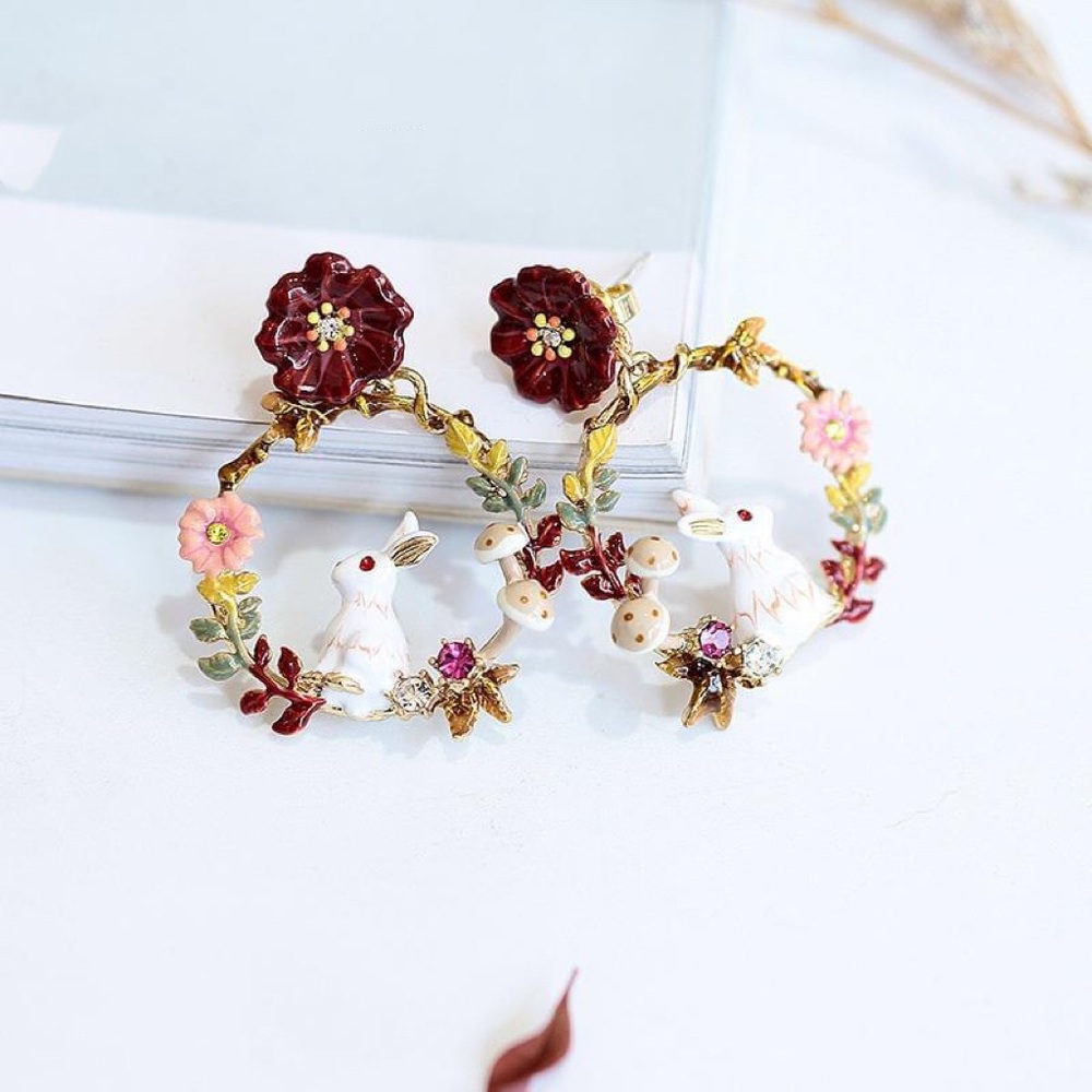 NWT Cute Enamel Crystal Rabbit Dangle Earrings